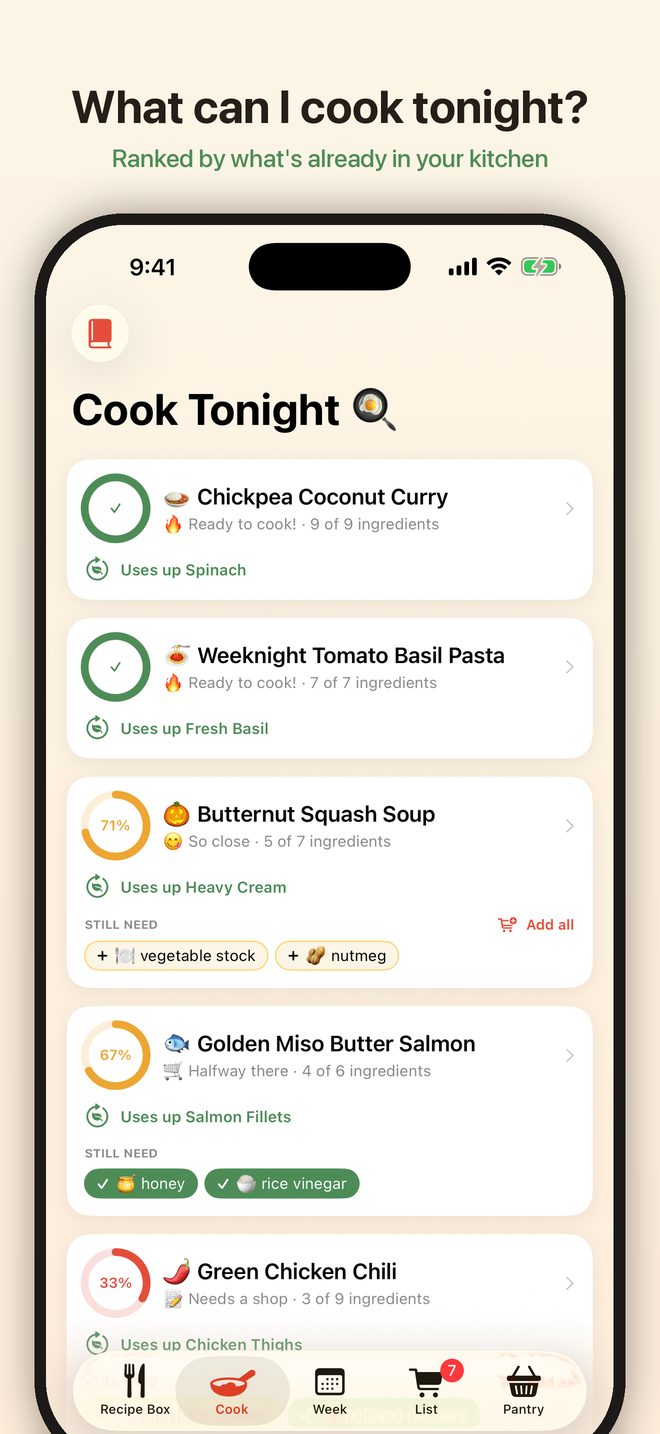 Cook Tonight: recipes ranked by what's already in your kitchen