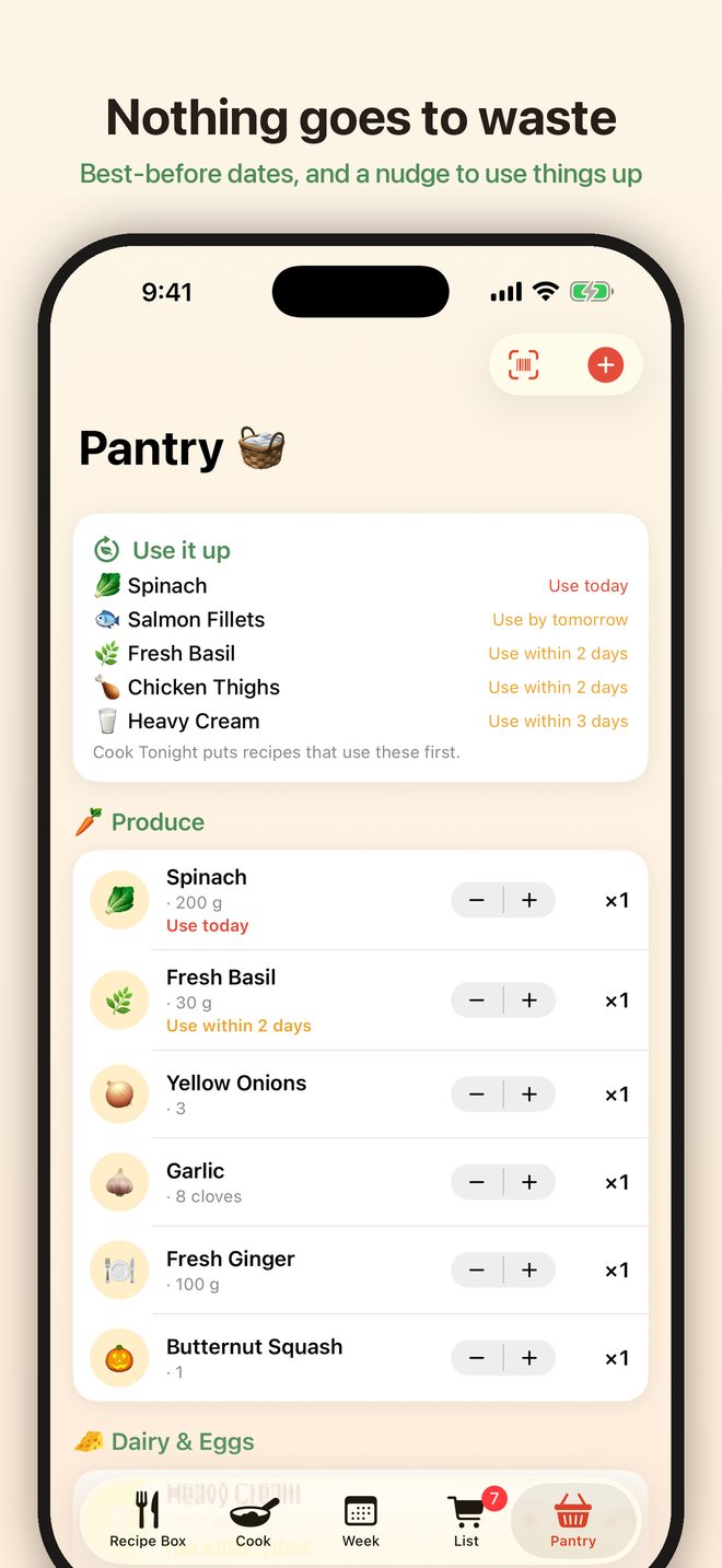 Pantry with best-before dates and a use-it-up list