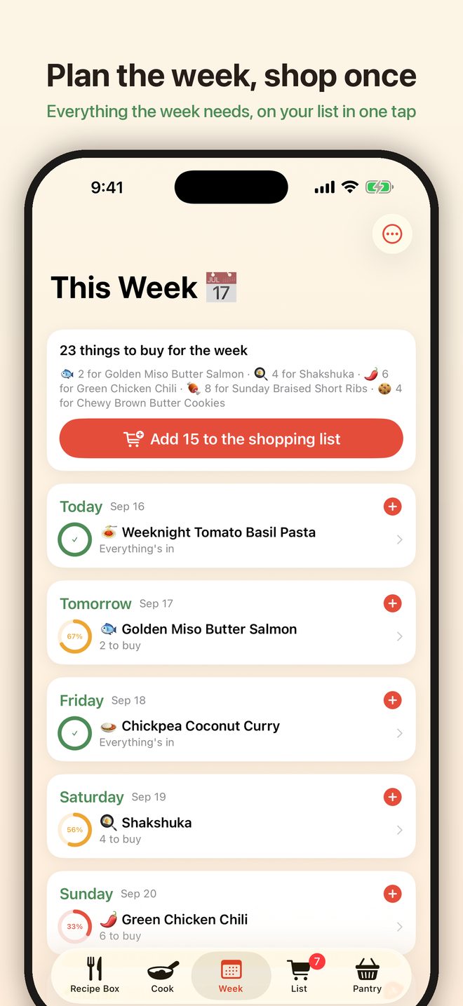This Week planner with one tap to add everything to the shopping list