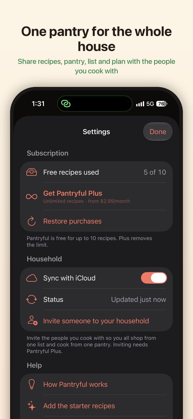 Settings with household sync on: one pantry shared with the people you cook with