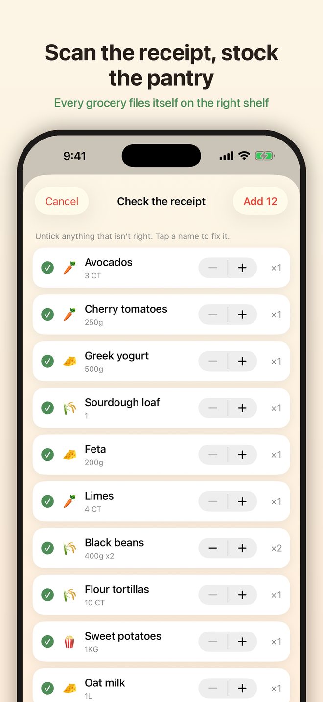 Receipt scan filing groceries onto the right pantry shelves