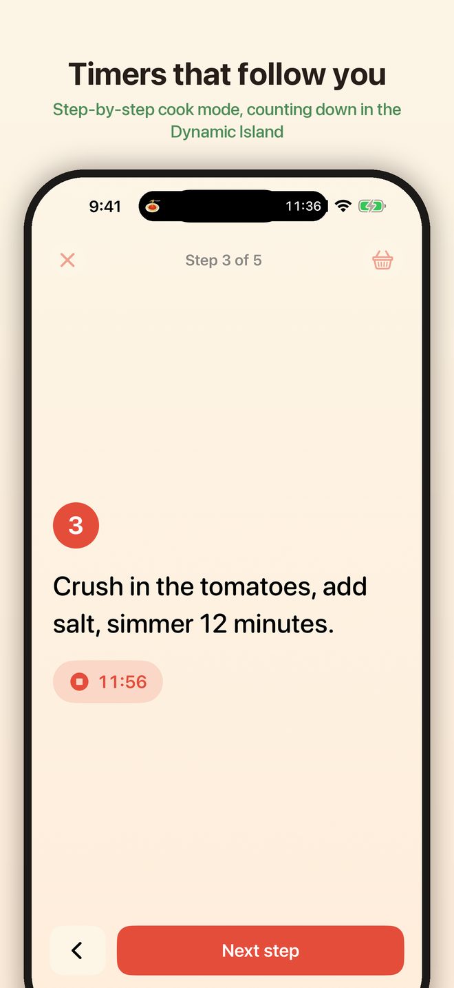 Step-by-step cook mode with the timer in the Dynamic Island