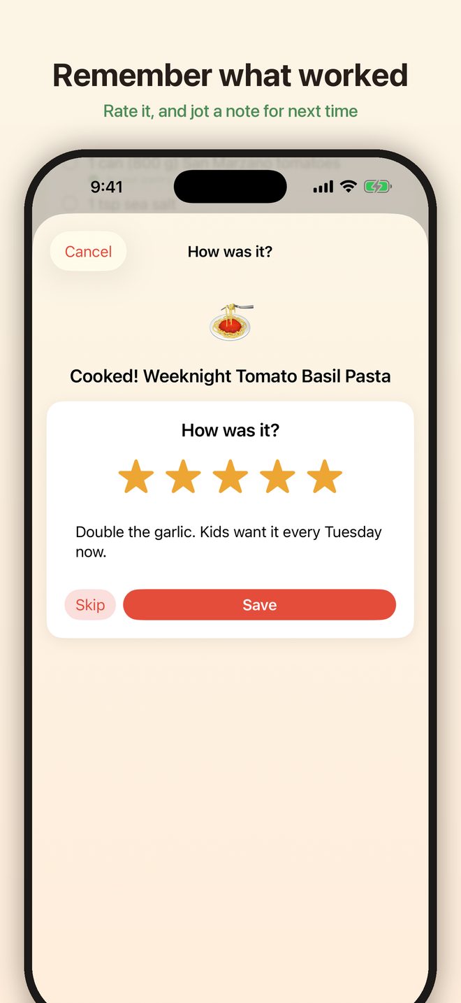 Rate a recipe and jot a note for next time