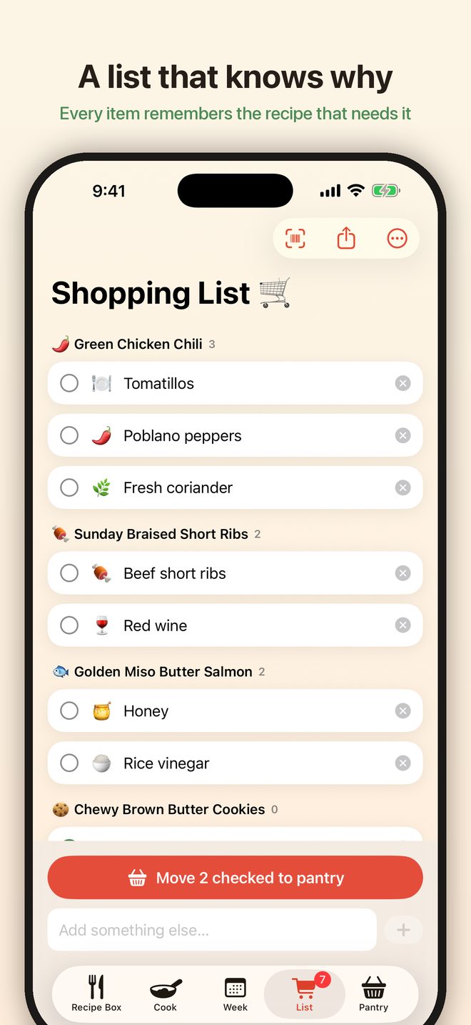 Shopping list grouped by the recipe that needs each item