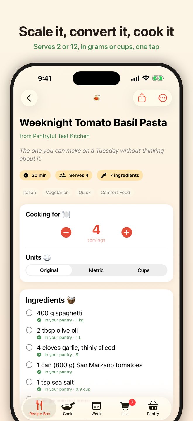 Recipe detail with serving scaling and unit conversion